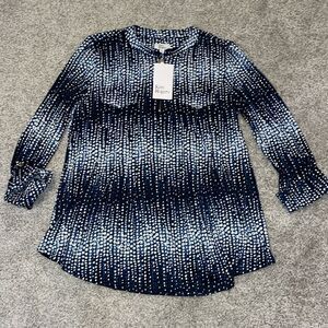 New Blue white dots roomy Zipper front Kim Rogers Tunic pocket Shirt top women’s